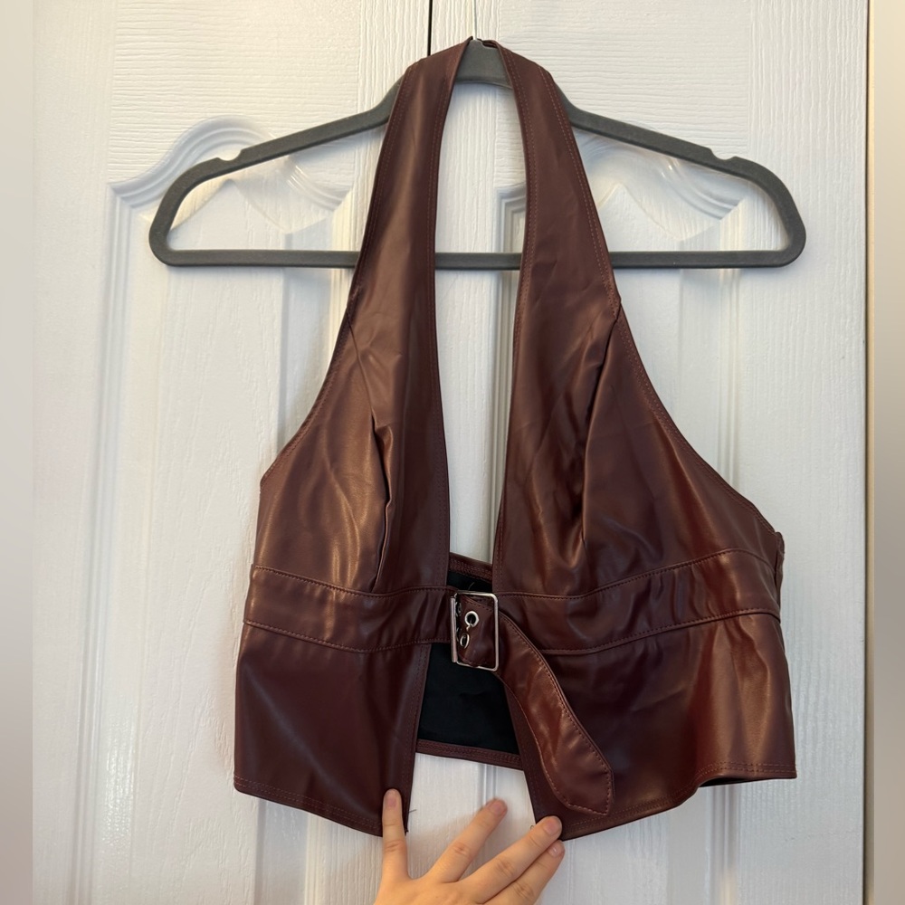 SHEIN Brown Faux Leather Crop Top